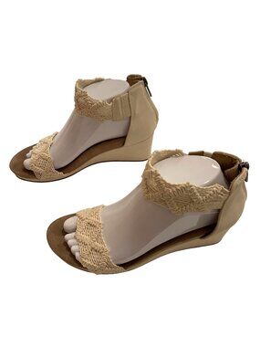 Lucky Brand Womens Wedge Sandals 7 / 7.5? Beige Crochet Boho Ankle Strap